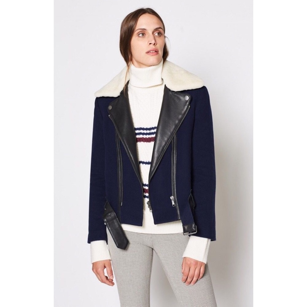 NWT JOIE FAYANA WOOL- LEATHER COZY NAVY MOTO JACKET - Picture 1 of 13